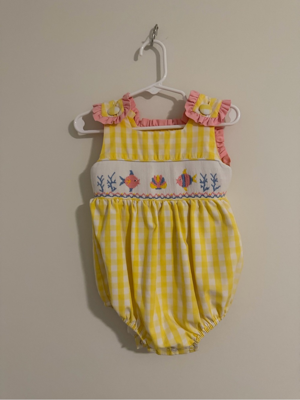 Stitchy Fish Yellow Gingham Smocked Bubble Romper Girls 18M Summer Beach
